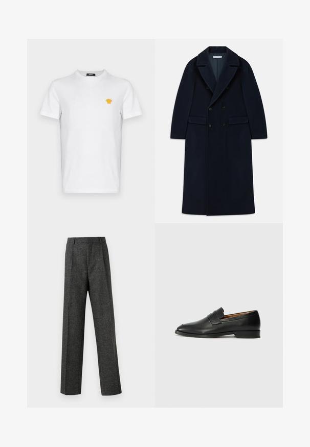 Námořnicky modrý dlouhý vlněný kabát s dvojitým zapínáním, širokými klopami a klopovými kapsami, navržený pro chladné počasí.; Bílá bavlněná tričko s krátkými rukávy, s malým žlutým vyšitým logem na levé hrudi. Klasický design s kulatým výstřihem.; Šedé kalhoty na míru vyrobené z texturované tkaniny, s dvěma předními záhyby a rovnými nohavicemi. Bez viditelných kapes nebo ozdob.; Černé kožené mokasíny s kulatou špičkou, jemným prošíváním a nízkým podpatkem, s hladkým povrchem a minimalistickým designem.