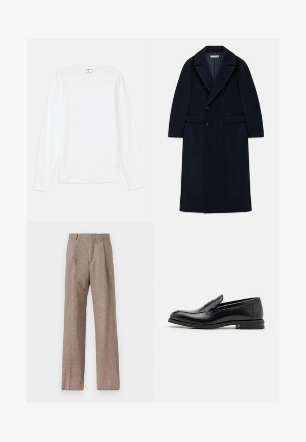 Tamsiai mėlynas dvigubos krūtinės ilgas vilnonis paltas su plačiais atvartais ir kišenėmis, skirtas šaltam orui.; Balta ilgomis rankovėmis marškinėliai su V formos iškirpte, pagaminti iš minkštos medžiagos, turintys laisvą siluetą ir šoninius įpjovimus judėjimo patogumui.; Rudos, aukšto liemens kelnes, pagamintas iš tekstūruotos medžiagos. Plati kojos, dvi priekinės klostės struktūrai. Tvarkingas apdailos darbai, be matomų detalių.; Juodos odinės loafers, turinčios lygų paviršių, apvalią noselę ir dekoratyvinę juostą per priekinę dalį. Žemas krentantis kulnas, minimalistinis dizainas.