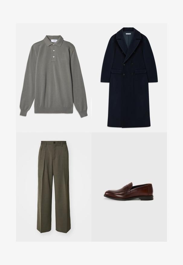Tumedast sinine kahepaneelne pikk villane mantel laiate klappidega ja flapi taskutega, mis on mõeldud külmade ilmade jaoks.; Hallhalli pikkvarrukaga polo särk tekstuurses kangas, klassikalise krae, kolme nööbiga paelu ja soonikuga varrukatega.; Filippa K WIDE TROUSERS - Püksid - driftwood; Pruunist nahast loafers'd ümara varbaga, eesrinde rihma detailiga ja madala kühveldatud kanna ning siledalt tekstuurilt, minimaalse dekoratiivsete aktsentidega.