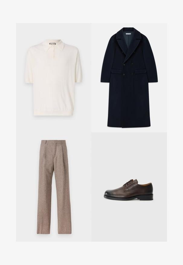 Tamno plavi dugi vuni kaput s dvostrukim kopčanjem, širokim reverima i džepovima s preklopima, dizajniran za hladno vrijeme.; Polo majica kratkih rukava u krem boji s klasičnom ovratnikom, plaketom s četiri dugmeta i rebrastim rubom. Izrađena od mekog, laganog materijala.; Smeđe, hlače viskog struka od teksturiranog materijala. Imaju široke nogavice i dva prednja pregiba za strukturu. Uređen završetak bez vidljivih metalnih dijelova.; Smeđe kožne cipele s zaobljenim nosom, niskim potpeticama, vezanjem i glatkom teksturom. Imaju minimalno šivanje i sjajan završni sloj.