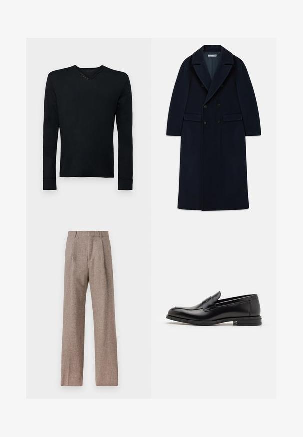 Temno modri dvojno zapenjajoči dolg volneni plašč s širokimi reverji in žepnimi flap, zasnovan za hladno vreme.; Črna dolga majica z dolgimi rokavi, izdelana iz mehkega materiala, z okroglo izreza in petimi okrasnimi gumbi na levem rami ter rebrastimi manšeti.; Rjave hlače z visokim pasom, izdelane iz teksturirane tkanine. Imajo široke noge in dve sprednji pregibi za strukturo. Urejen zaključek brez vidne strojne opreme.; Črne usnjene loafer čevlje z gladko teksturo, zaobljenim nosom in dekorativnim trakom čez zgornji del. Nizka zložena peta, minimalističen dizajn.