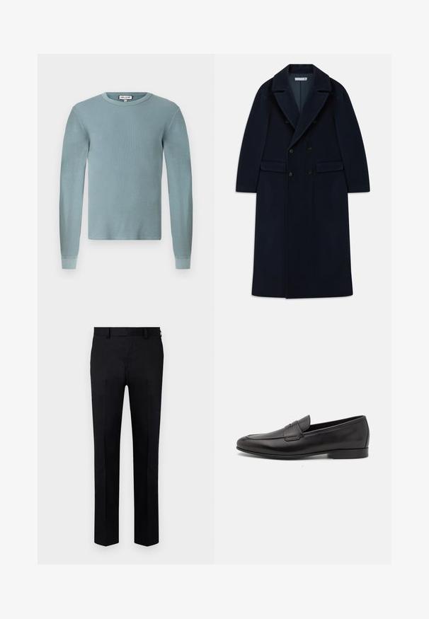 Temno modri dvojno zapenjajoči dolg volneni plašč s širokimi reverji in žepnimi flap, zasnovan za hladno vreme.; Svetlo modra majica z dolgimi rokavi z rebrasto teksturo in okroglim izrezom. Ima oprijete manšete in preprosto oznako blagovne znamke na ovratniku.; Črne hlače iz gladkega blaga, z naravnim krojem nog, sprednjim pregibom in zankami za pas. Brez vidnih vzorcev ali dodatkov.; Moški črni usnjeni loafer s nizkim peto in klasičnim penny trakom, prikazan v bočnem profilu na belem ozadju.