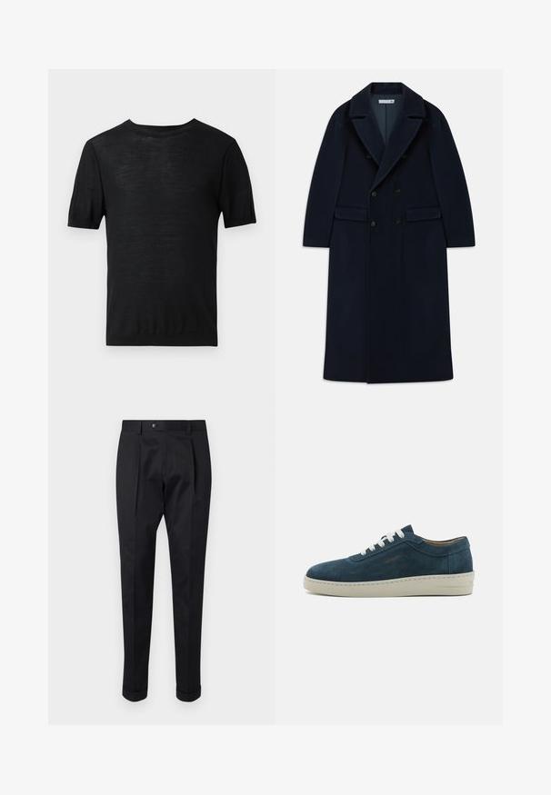 Marineblauer doppelt knöpfbarer, langer Wollmantel mit breiten Revers und Klappentaschen, entworfen für kaltes Wetter.; Schwarz kurzärmliges T-Shirt aus leichtem, glattem Stoff mit rundem Ausschnitt und schlichter, unauffälliger Gestaltung.; Schwarze Hosen aus einem glatten Stoff, mit einem Faltenwurf vorne, einem Knopfverschluss und umgeschlagenen Säumen am Knöchel.; Blauer Wildlederschuh mit runder Zehenpartie, weißen Schnürsenkeln und einer Gummisohle. Verfügt über dezente Nähte und ein Marken-Highlight an der Seite.