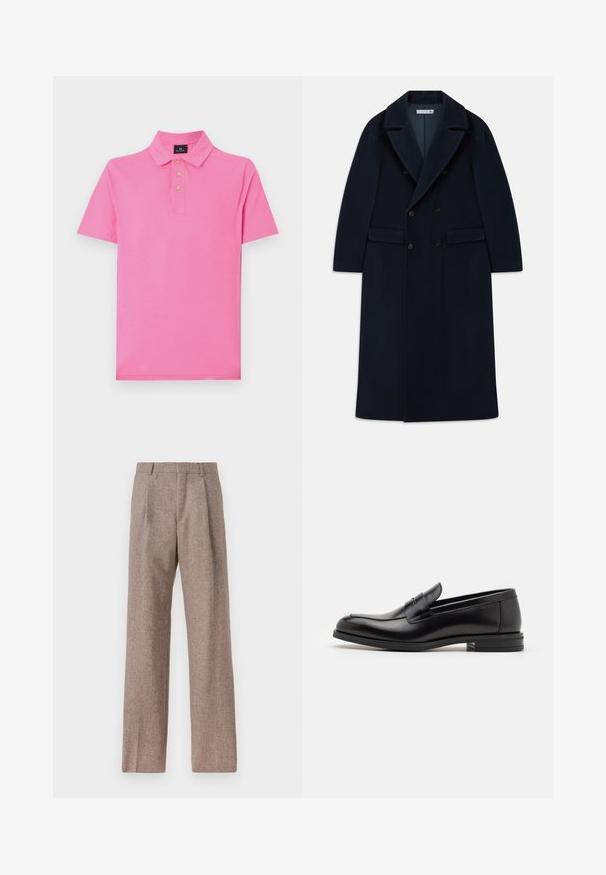 Casaco longo de lã azul-marinho, de duplo peito, com lapelas largas e bolsos de aba, desenhado para o clima frio.; Camisa polo rosa com colarinho clássico, mangas curtas, pala de três botões e textura suave, feita de tecido de algodão respirável.; Calças castanhas de cintura alta feitas de tecido texturado. Apresentam pernas largas e duas pregas frontais para estrutura. Acabamento cuidadoso sem hardware visível.; Mocassins de couro preto com uma textura suave, bico arredondado e uma faixa decorativa sobre o peito do pé. Salto baixo e empilhado, design minimalista.