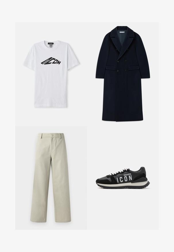 Cappotto lungo in lana doppiopetto di colore blu navy con ampi risvolti e tasche a pattina, progettato per il freddo.; T-shirt bianca in cotone con maniche corte e scollatura rotonda. Presenta un logo grafico nero, "DSQUARED2 CDN", sul petto.; Han Kjøbenhavn WIDE LEG - Pantaloni - light grey; Sneaker nere in pelle e suede, con un logo "ICON" bianco e suola nera a contrasto. I lacci sono bianchi; design sportivo.