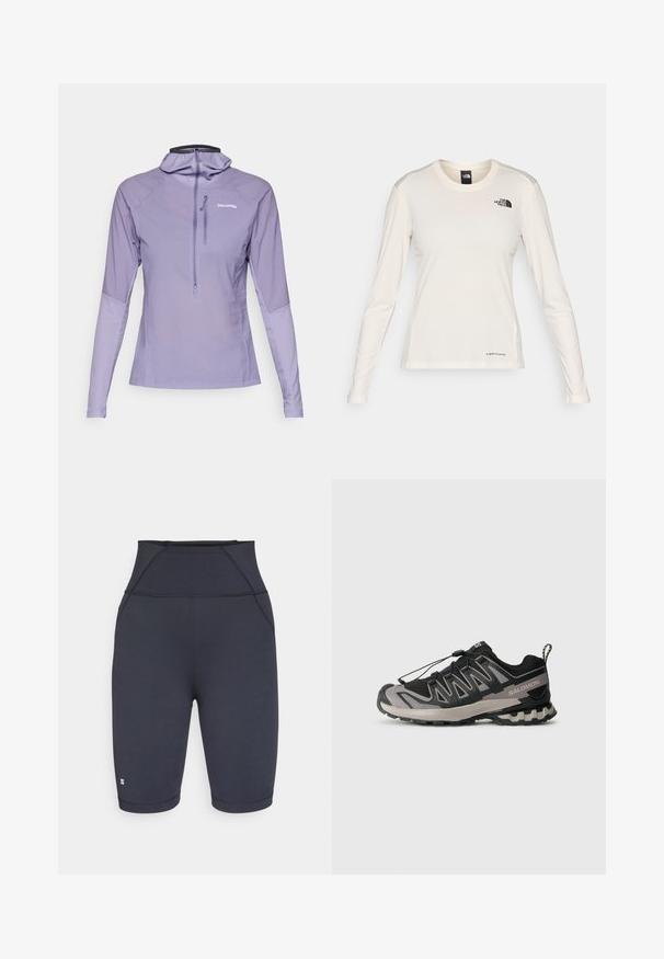 Patagonia AIRSHED PRO - Windbreaker - concrete purple; The North Face SHADOW LONG SLEEVE - Langarmshirt - white dune; Hochgeschnittene navyfarbene Radsportshorts aus dehnbarem Material, mit flachen Nähten und einem kleinen Logo am unteren linken Bein.; Schwarzer und grauer Sportschuh mit einem Obermaterial aus Mesh, Gummisohle und elastischem Schnürsystem. Verfügt über eine verstärkte Zehenkappe und strukturierte Akzente.