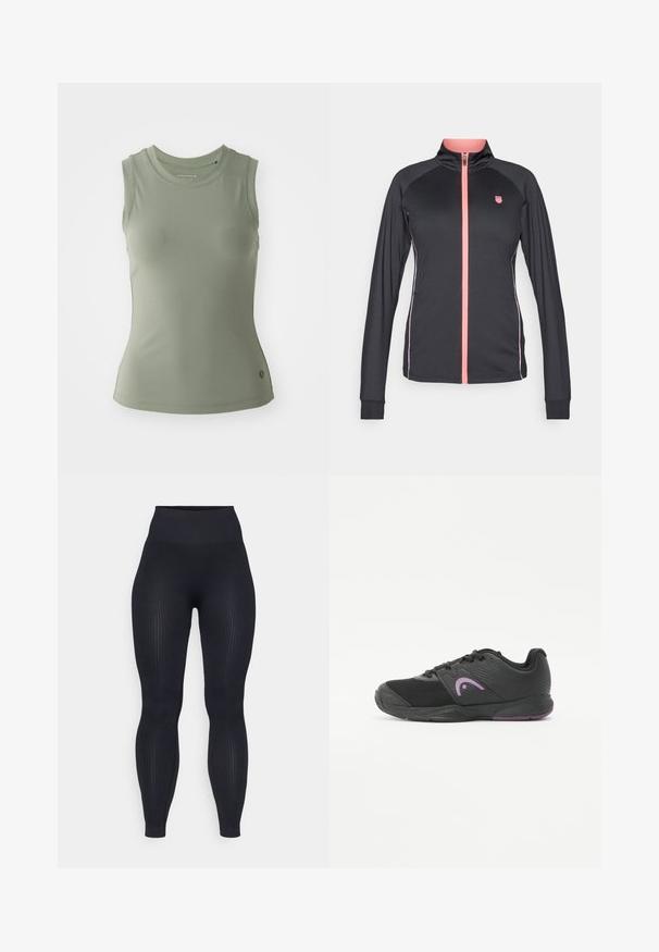 Melns sporta žakets ar rozā rāvējslēdzēju, garām piedurknēm un smalkām baltām svītrām gar malām. Uz krūtīm ir redzams logos.; Bez piedurknēm, mīksta, pelēkzaļa auduma blūze ar ribotu tekstūru. Ar apaļu kakla izgriezumu un pieguļošu siluetu.; Melnas ribotas legingi ar augstu jostas vietu, izgatavoti no elastīga materiāla. Iezīmes gluda tekstūra ar vertikālām rakstām.; Melnas sporta kurpes ar sietu un sintētiskām materiālu, ar izliekta purpura logo, teksturētām malām un gumijas zoli ar purpura akcentu.