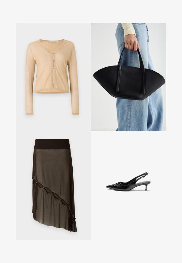 Veste d'hiver matelassée marron foncé avec capuche, fermeture éclair à l'avant et poignets côtelés sur fond gris clair.; Cardigan long beige à manches longues en tissu texturé et scintillant, doté d'un col en V et d'une fermeture à trois boutons à l'avant.; Top noir à épaules dénudées en tissu doux et extensible, présentant des détails froncés et une conception de large bretelle d'un côté.; Jupe en mesh noire avec une ceinture ajustée, ourlet asymétrique, boutons décoratifs sur le devant et texture superposée transparente.; Des escarpins en cuir noir à talon slingback, avec un bout pointu, un petit talon kitten et un détail de nœud décoratif à l'avant. Texture lisse sur toute la surface.; Sac à main en cuir noir avec une forme de éventail unique, doté de poignées plates. La surface présente une texture granuleuse et un design minimaliste.