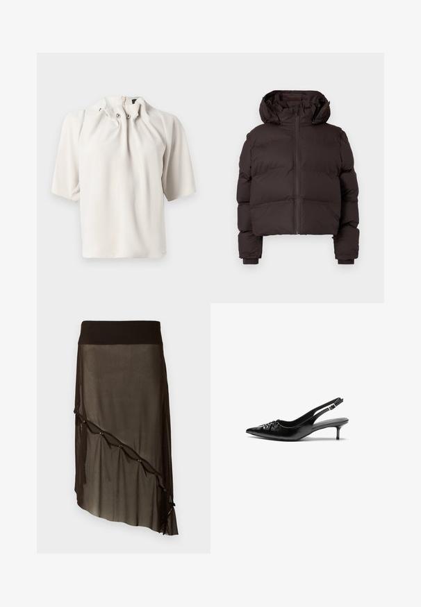 Dark brown padded winter jacket with hood, front zipper, and ribbed cuffs on a light gray background.; Short-sleeve, light beige blouse with a gathered neckline, featuring decorative buttons and a concealed back zipper. Smooth fabric texture.; Black mesh skirt with a fitted waistband, asymmetrical hem, decorative buttons along the front, and layered sheer texture.; Black leather slingback heels with a pointed toe, small kitten heel, and a decorative knot detail on the front. Smooth texture throughout.