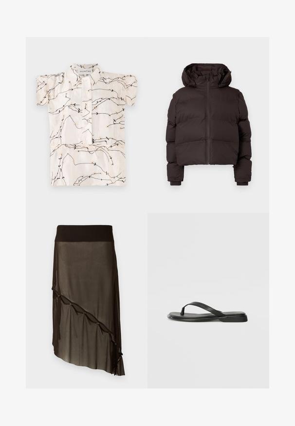 Dunkelbraune, gepolsterte Winterjacke mit Kapuze, Reißverschluss auf der Vorderseite und gerippten Bündchen auf einem hellgrauen Hintergrund.; Kurzärmlige Bluse aus cremefarbenem Stoff mit schwarzer und beigefarbener Blumenstickerei, Knopfleiste und klassischem Kragen.; Schwarzer Mesh-Rock mit einem taillierten Bund, asymmetrischem Saum, dekorativen Knöpfen an der Vorderseite und geschichteter transparenter Textur.; Schwarze Flip-Flops aus glattem Leder, mit einem dünnen Riemendesign und einer flachen Sohle mit minimalem Profil. Keine bemerkenswerten Muster oder Akzente.
