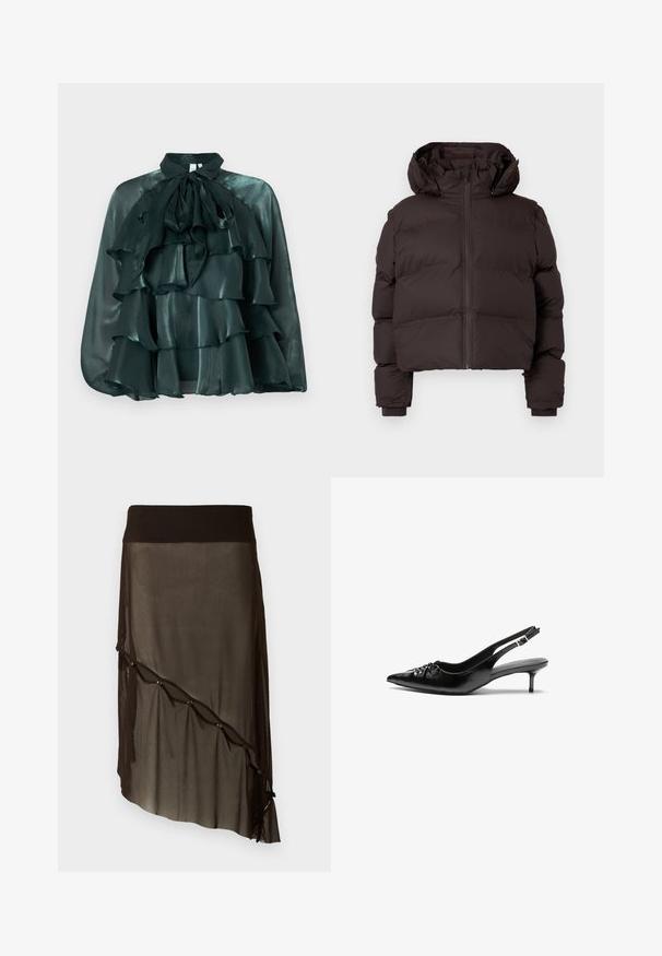 Dark brown padded winter jacket with hood, front zipper, and ribbed cuffs on a light gray background.; Dark green, satin blouse with a high collar and large bow tie, featuring multiple ruffled layers across the front. Smooth texture and glossy finish.; Black mesh skirt with a fitted waistband, asymmetrical hem, decorative buttons along the front, and layered sheer texture.; Black leather slingback heels with a pointed toe, small kitten heel, and a decorative knot detail on the front. Smooth texture throughout.