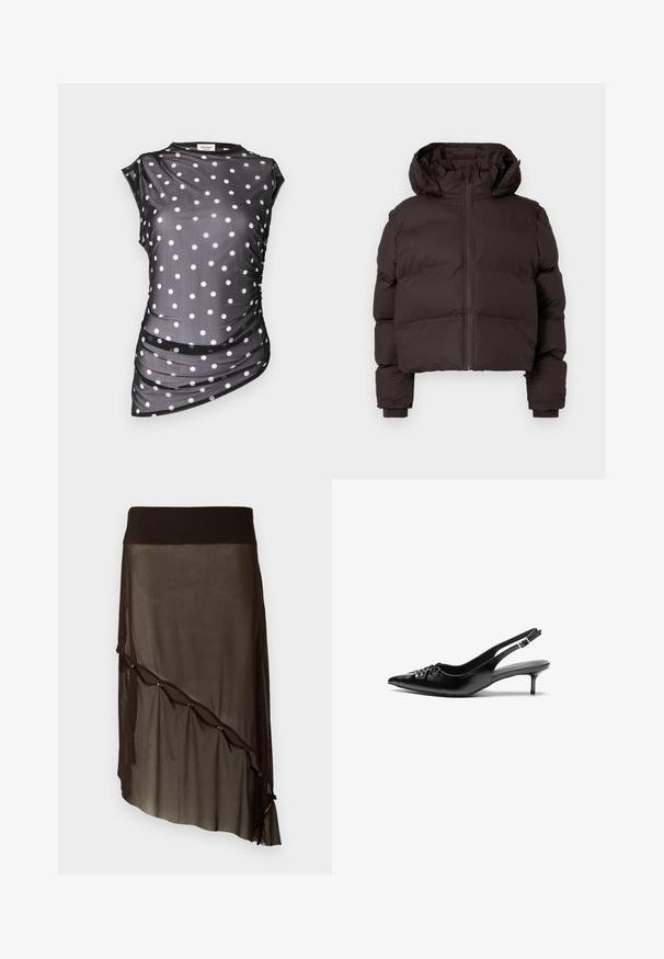 Mørkebrunt polstret vinterjakke med hette, frontglidelås og ribbestrikkede mansjetter på en lys grå bakgrunn.; Abercrombie & Fitch Draped Mesh Top - Topper - black; Sort mesh skjørt med en tettsittende linning, asymmetrisk kant, dekorative knapper langs fronten og lagdelt gjennomsiktig tekstur.; Sorte skinnert remsandaler med spiss tå, liten kittenhæl og en dekorativ knute detalj foran. Glatt tekstur gjennom hele.