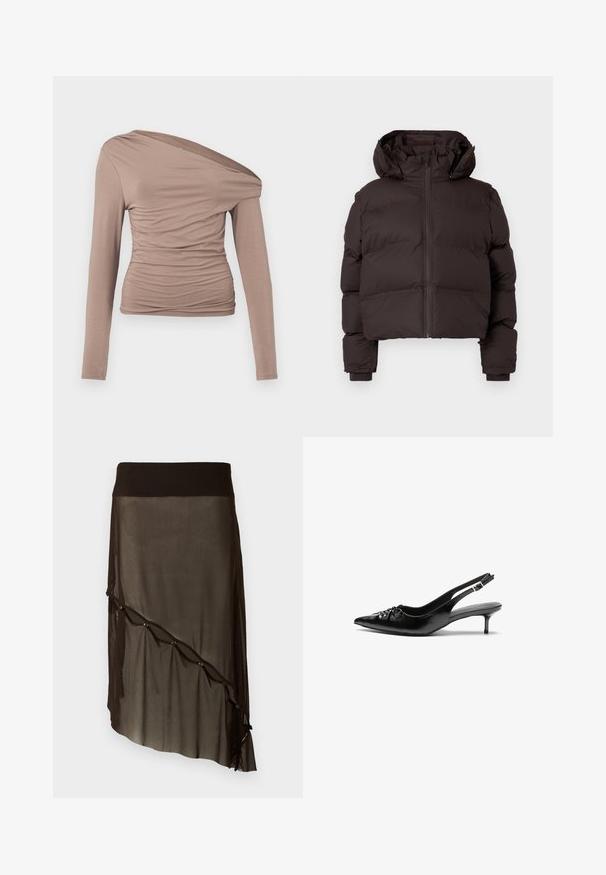 Tmavě hnědá zateplená zimní bunda s kapucí, předním zipem a žebrovanými manžetami na světle šedém pozadí.; Halenka s dlouhými rukávy a odkrytými rameny ve světle hnědé barvě. Má na přední části a po straně řasenou strukturu, vyrobena z měkkého, elastického materiálu.; Černá síťovaná sukně s přiléhavým pasem, asymetrickým lemem, dekorativními knoflíky po přední straně a vrstvenou průhlednou texturou.; Černé kožené lodičky na slingback s špičatou špičkou, malým podpatkem typu kitten a ozdobným uzlem na přední straně. Hladký povrch po celém obvodu.