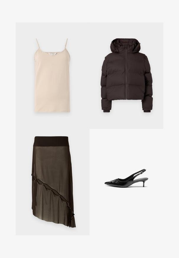 Dark brown padded winter jacket with hood, front zipper, and ribbed cuffs on a light gray background.; Beige camisole top with thin spaghetti straps and a V-neckline, made of soft fabric with a smooth texture and a straight hem.; Black mesh skirt with a fitted waistband, asymmetrical hem, decorative buttons along the front, and layered sheer texture.; Black leather slingback heels with a pointed toe, small kitten heel, and a decorative knot detail on the front. Smooth texture throughout.