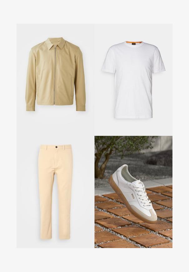 Béžová lehká bunda s límcem, předním zipem a dvěma bočními kapsami. Hladká textura a uvolněný střih.; Bílý bavlněný tričko s kulatým výstřihem, krátkými rukávy a jemně embosovaným logem na hrudi. Vnitřní štítek má oranžový akcent.; Khaki chinos se střihovými rovnými nohavicemi, zapínáním na knoflík a předními kapsami. Hladká bavlněná tkanina s minimální strukturou.; Bílé kožené tenisky s béžovými semišovými detaily, s kulatou špičkou, šněrovacím předním dílem a hnědou gumovou podrážkou, zobrazující jméno značky "BOSS."