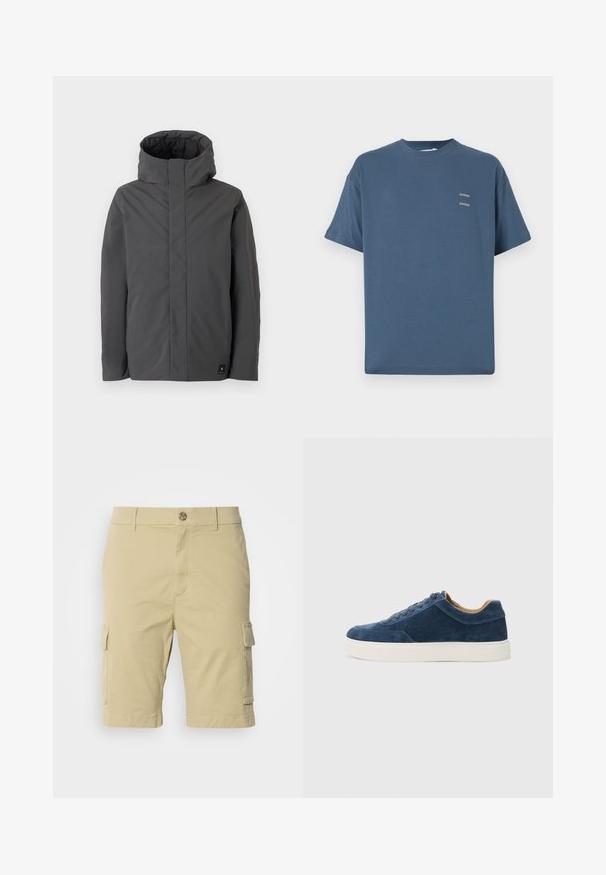 Grå, mellemlang jakke med høj krave og minimalistisk design. Har en glat tekstur og et lille brandlogo på den nederste venstre side.; Blå bomulds t-shirt med klassisk rund hals, korte ærmer, afslappet pasform og to små trykte logoer på brystet. Glat tekstur.; Khaki cargo shorts lavet af bomuld med en glat tekstur, der har sidelommer og en knaplukning i taljen.; Blå ruskinds sneakers med hvid gummisål, snørebåndsdesign, rund tå og kontrastfyldt tan indre. Diskrete syningsdetaljer.