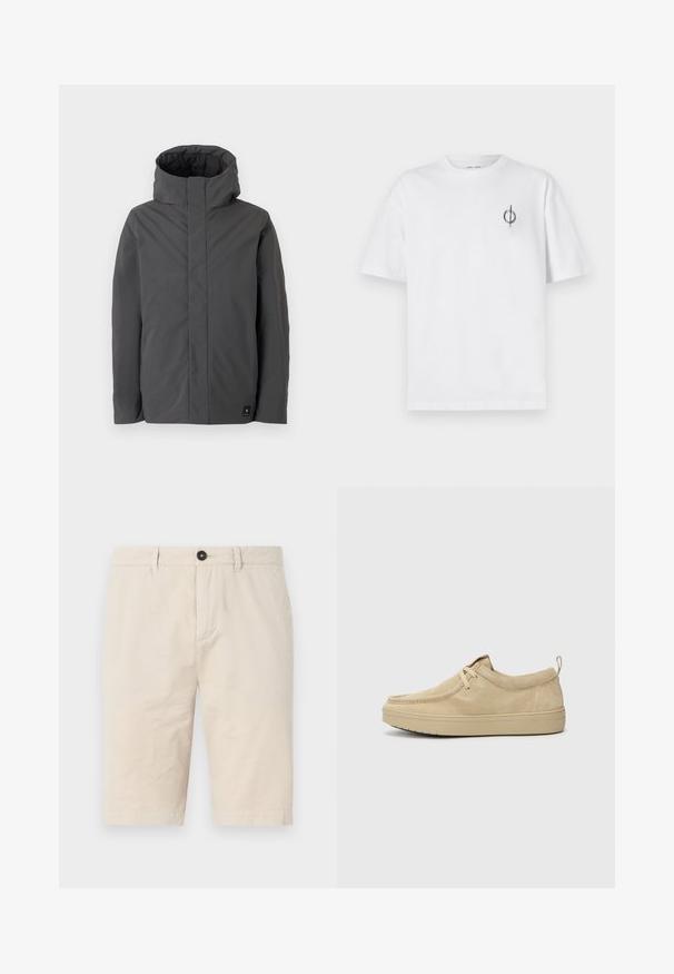 Siva, jakna srednje dužine s visokim ovratnikom i minimalističkim dizajnom. Ima glatku teksturu i mali logo brenda na donjoj lijevoj strani.; Bijela pamučna majica s opuštenim krojem, s malim crnim grafičkim logotipom na lijevoj prečki. Kratki rukavi, okrugli izrez.; Bež pamuk šorts sa regularnim krojem, sa kopčanjem na dugme, prednjim džepovima i okrenutim rubovima. Glatka tekstura s minimalnim naborima.; Bež antilop cipele za brzo obuvanje s zaobljenim vrhom, minimalnim šavovima i gumenenim đonom. Mekana tekstura s suptilnim oznakom branda na peti.