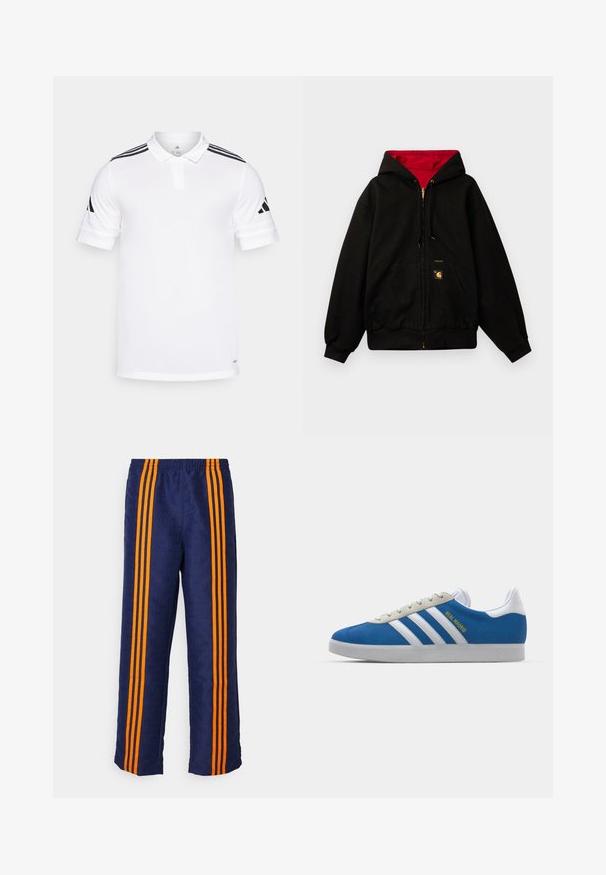 Juodas gobtuvas švarkas su raudona vidine pamušalu, priekinis užtrauktukas, dvi šoninės kišenės ir mažas logotipas ant kairės kišenės.; Balta polo marškinėliai, pagaminti iš lengvos medžiagos, su juodais dryžiais ant pečių ir dviem mygtukais ant zapų. Trumpomis rankovėmis su gubom.; Tamsiai mėlynos kelnės su viso paviršiaus raštu, abiejose pusėse einančiomis trimis ryškiomis oranžinėmis juostomis. Viršuje yra elastinga juosmens juosta.; adidas Originals ADIDAS GAZELLE SHOES - Salės futbolo bateliai - real madrid/bluebird/footwear white/crew yellow