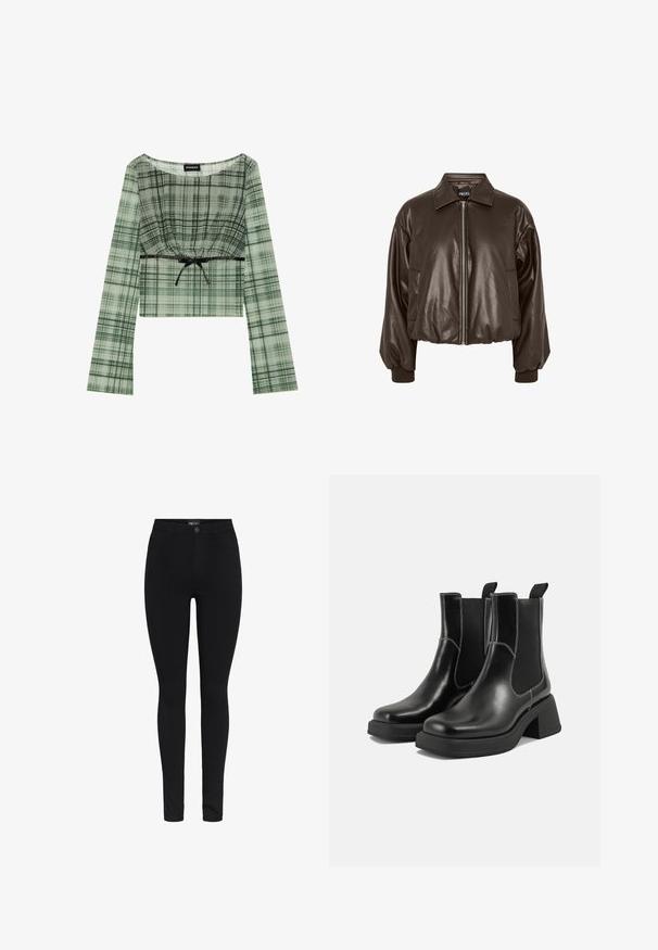 Bruine nepleer bomberjack met een rits aan de voorkant, een overhemdkraag en elastische manchetten, met een losse pasvorm en zijzakken.; Groen geruit crop top met lange mouwen, met een geplooide halslijn en een zwarte strikaccent in de taille. Gemaakt van lichtgewicht stof.; Pieces PCHIGH NOOS - Jeggings - black; Zwarte leren Chelsea-boots met een chunky hak, elastische zijpanelen en contrasterende witte stiksels. Gestructureerde afwerking.