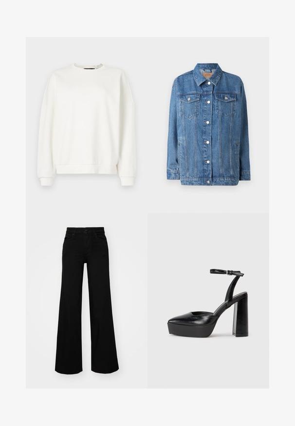 Blå denimjakke med knapplukking, to brystlommer og spiss krage. Har lys slitasje og sølvfargete detaljer.; Hvit hettegenser med rund halsutskjæring, senkede skuldre og elastiske mansjetter, laget av myk, lett stoff med en glatt tekstur.; Svart vide bukser laget av denim, med en strukturert midjebånd, beltestropper og frontlommer. Glatt tekstur med et klassisk design.; Sorte plattformhelter med spiss tå og justerbar ankelrem. Laget av glatt lær, med en robust blokkhel.