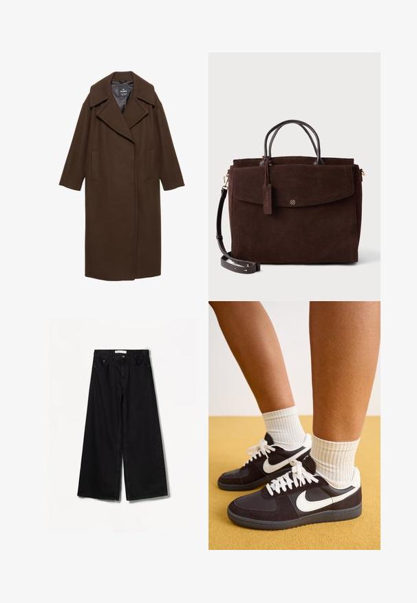 Ruskea villasekoitekot, jossa on leikelty kaulus, leveät hihat, etupussit ja suora siluetti. Sileä pinta.; Mustavillainen neulepaita, joka on valmistettu pehmeästä kankaasta. Paitassa on pitkät hihat, pyöreä kaula-aukko ja resorit hihoissa. Yksinkertainen muotoilu ilman kuvioita tai korostuksia.; Bershka WIDE-LEG - Leveälahkeiset - black; Mustat ja valkoiset Nike-tennarit, joissa on mokkanahasta ja nahasta valmistettu yläosa, valkoiset nauhat, käytetty ripustettujen kermaisten sukkien kanssa, keltaista taustaa vasten.; Ruskea nahkainen käsilaukku, jossa on kaksinkertaiset yläkahvat, irrotettava olkahihna, etupuolen läppä ja laatta, joka osoittaa "Aidosta nahasta". Kulta-toniset varusteet.