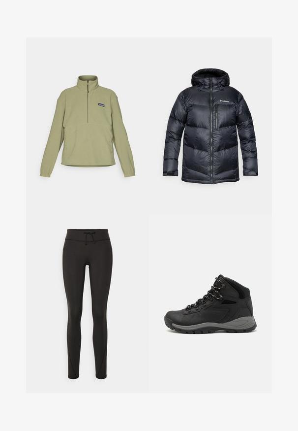 Jachetă puffer izolată de culoare neagră, cu glugă, având un sistem de închidere cu fermoar, material ușor și un design matlasat cu secțiuni orizontale.; Pulover din fleece verde, cu guler înalt, închidere cu fermoar 1/4 și mâneci elasticizate. Are un mic logo pe piept. Textură netedă.; Leggings negre cu talie înaltă, șnur, textură netedă și design ajustat. Prezintă detalii de cusături de-a lungul laturilor.; Botă de drumeție neagră cu un design mediu, având un material texturat, accente gri și o talpă din cauciuc durabilă cu crampoane pentru aderență.