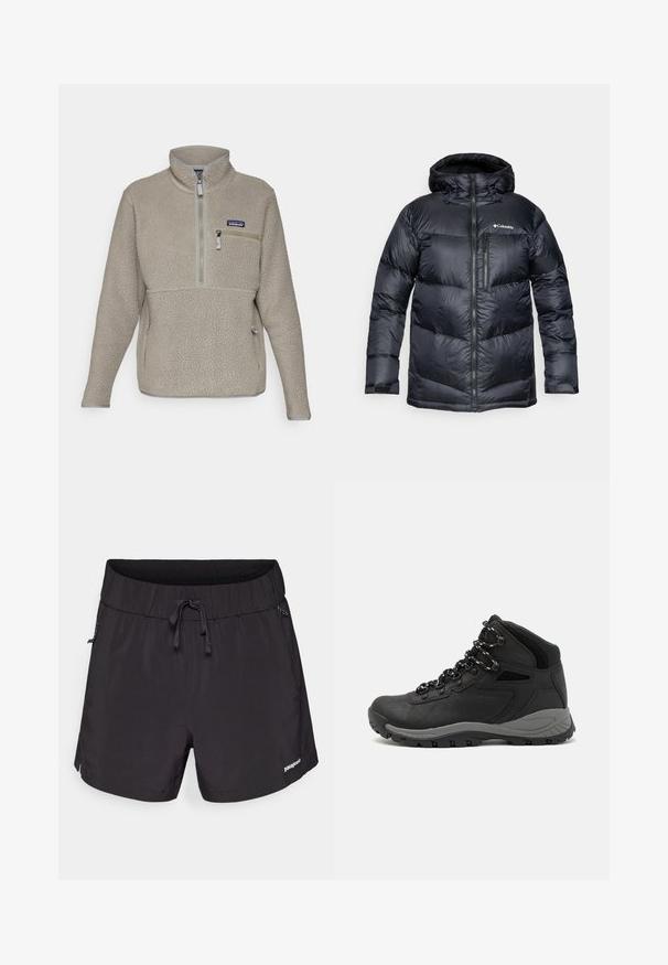 Casaco puffer isolado preto com capuz, apresentando um fecho de correr na frente, material leve e design acolchoado com secções horizontais.; Jaqueta de fleece taupe claro com colarinho elevado, fecho de meio zíper na frente e um bolso no peito com zipper. Apresenta um tecido texturizado e um acabamento em cinza contrastante.; Fato de banho preto feito de tecido leve, com uma cintura elástica, cordão e bolsos laterais para maior funcionalidade.; Bota de caminhada preta com design de cano médio, apresentando um upper texturizado, detalhes cinzentos e sola de borracha durável com cravos de tração.
