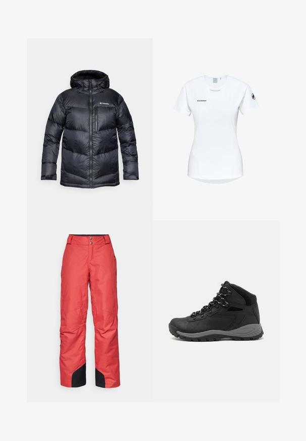 Czarna, ocieplana kurtka puchowa z kapturem, posiadająca zamek z przodu, lekkie materiały oraz pikowany wzór z poziomymi sekcjami.; Koszulka sportowa z krótkim rękawem w kolorze białym, z okrągłym dekoltem, z logo na piersi i gładką, lekką teksturą materiału.; Czerwone spodnie narciarskie o gładkiej fakturze, z szerokimi nogawkami i czarnymi akcentami na mankietach. Zapięcie na dwa guziki w pasie.; Czarne buty trekkingowe z średnim cholewem, z teksturowaną cholewą, szarymi akcentami oraz trwałą gumową podeszwą z wypustkami zapewniającymi przyczepność.