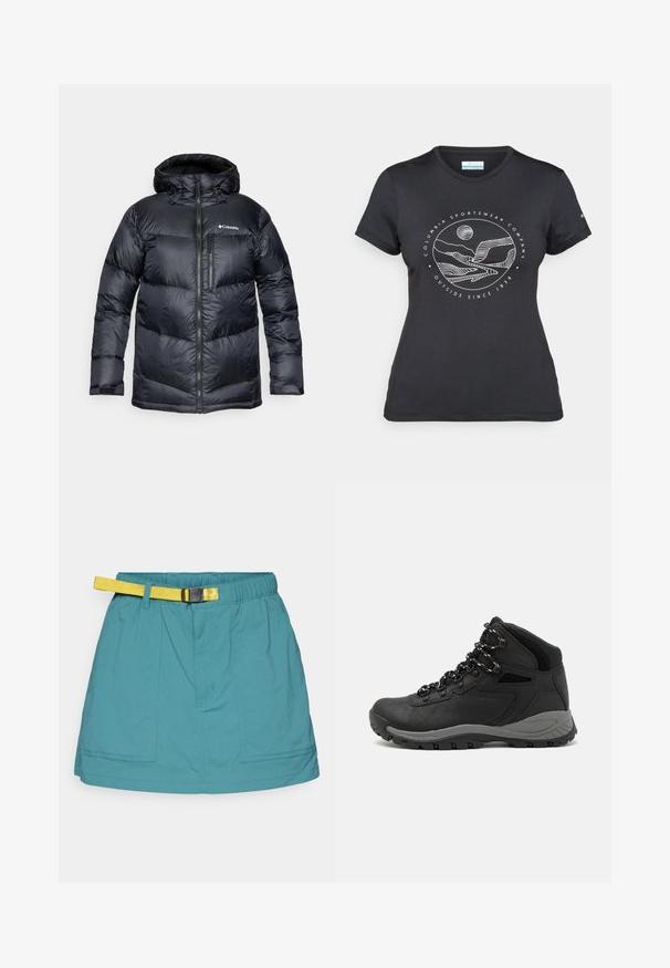 Svart isolerad puffjacka med huva, som har dragkedja fram, lätt material och quiltad design med horisontella sektioner.; Svart Columbia-t-shirt med vit cirkulär linjekonst av berg och flod samt texten "Columbia Sportswear Company Outside Since 1938."; Teal bomullskjol med ett gult bälte, med resårmidja och två framfickor. Slät textur, avslappnad design och midjehöjd.; Svart vandringskänga med mellanhög design, som har en texturerad överdel, grå accenter och en slitstark gummisula med greppklackar.