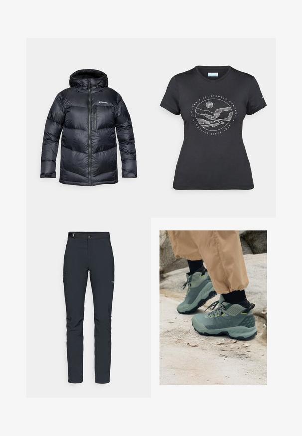 Sort isoleret pufferjakke med hætte, med lynlås foran, letvægtsmateriale og quiltet design med horisontale sektioner.; Sort Columbia t-shirt med hvid cirkulær bjerg- og flodlinjekunst samt teksten "Columbia Sportswear Company Udenfor Siden 1938."; Herrers udendørsbukser, mørkegrå, lavet af fleksibelt materiale, med bælte, lynlåslommer og forstærkede syninger.; Mammut udendørssko i dæmpet grøn med tekstureret overdel, gule accenter og robust sort sål. Holdbart design til udendørsaktiviteter.