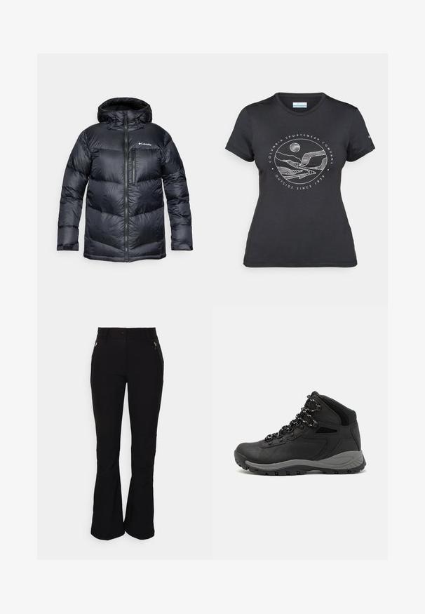 Crna izolirana puffer jakna s kapuljačom, s prednjim zatvaračem, laganim materijalom i ušivenim dizajnom s horizontalnim segmentima.; Crna Columbia majica s bijelim kružnim crtežom planine i rijeke te natpisom "Columbia Sportswear Company Outside Since 1938."; Crne hlače s prilagođenim strukom, dva prednja džepa s patentnim zatvaračem i proširenim donjim dijelovima. Glatka, rastezljiva tkanina s suptilnim detaljima šavova.; Crne planinarske čizme s dizajnom srednjeg vrha, sa teksturiranim gornjim dijelom, sivim akcentima i izdržljivom gumom potplatom s uzorkom za prianjanje.