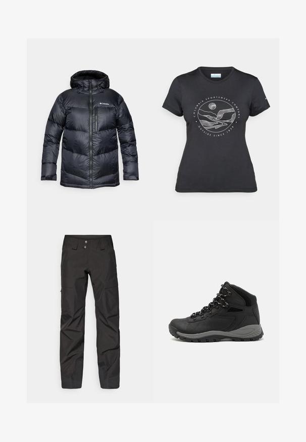 Juodas izoliuotas pūkinis džemperis su kapišonu, su užtrauktuku priekyje, lengvos medžiagos, siuvinėtas dizainas su horizontaliais skyrių.; Juodas "Columbia" marškinėliai su balta apskrita kalnų ir upės linijų grafika bei tekstu "Columbia Sportswear Company Lauke nuo 1938 metų."; Juodos slidinėjimo kelnės, pagamintos iš nailono, tiesios išvaizdos, su dviem priekinėmis kišenėmis ir stiprinimais ant kulkšnių su tekstūriniu akcentu.; Juodas žygio botas su vidutinio aukščio dizainu, pasižymintis tekstūruota viršutine dalimi, pilkų akcentų ir patvaria guma padanga su sukibimo gumbais.