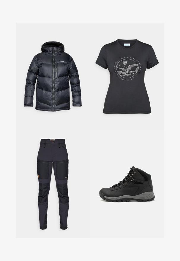 Mustad musta isoleeritud puffjakki kapuutsiga, millel on ees lukuga kinnitamine, kerge materjal ja tikitud disain horisontaalsete sektsioonidega.; Musternine Columbia T-särk mustas värvuses, millel on valge ümmargune mägi ja jõe joonistus ning tekst "Columbia Sportswear Company Outside Since 1938."; Tumed hallid püksid mustade tugevdatud laikudega. Omadusteks on lukuga taskud, sobiv disain ja vastupidav kangatekstuur.; Mustarjaline matkasaabas, millel on keskmine disain, tekstuuriga ülemine osa, hallid aktsendid ja vastupidav kummist põhi, millel on haardelugesid.