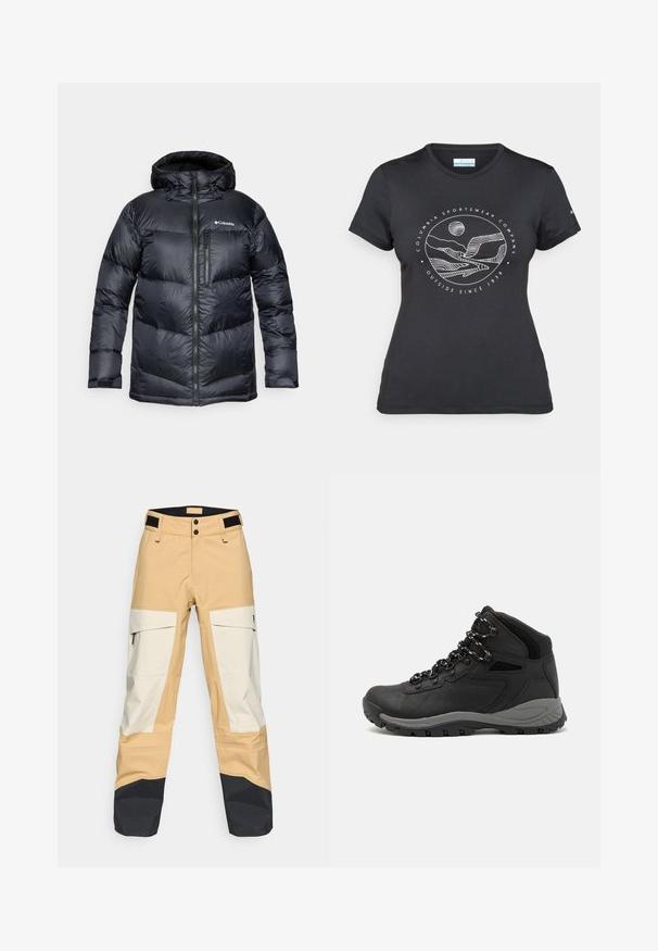 Mustad musta isoleeritud puffjakki kapuutsiga, millel on ees lukuga kinnitamine, kerge materjal ja tikitud disain horisontaalsete sektsioonidega.; Musternine Columbia T-särk mustas värvuses, millel on valge ümmargune mägi ja jõe joonistus ning tekst "Columbia Sportswear Company Outside Since 1938."; Beeži ja valged välispüksid mustade aktsentidega. Omab cargo-taskuid, kaht nuppe sulgemiseks ja vastupidavat tekstuuri, mis sobib erinevates tingimustes.; Mustarjaline matkasaabas, millel on keskmine disain, tekstuuriga ülemine osa, hallid aktsendid ja vastupidav kummist põhi, millel on haardelugesid.