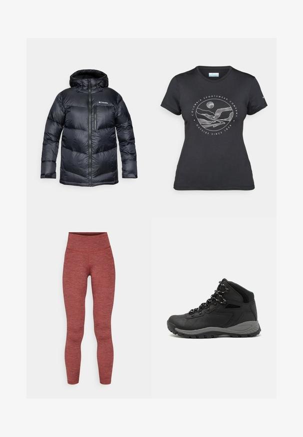 Veste matelassée noire isolante avec capuche, dotée d'une fermeture éclair à l'avant, d'un matériau léger et d'un design matelassé avec des sections horizontales.; T-shirt noir Columbia avec un dessin linéaire blanc de montagne et de rivière en cercle et le texte "Columbia Sportswear Company À l'extérieur depuis 1938."; Leggings taille haute en tissu bordeaux texturé. Présente un design sans coutures avec une silhouette ajustée et sans matériel visible.; Botte de randonnée noire au design mi-haut, avec un dessus texturé, des accents gris et une semelle en caoutchouc durable avec des crampons de traction.