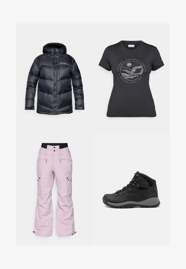 Black insulated puffer jacket with a hood, featuring a zip front, lightweight material, and quilted design with horizontal sections.; Black Columbia t-shirt with white circular mountain and river line art and text "Columbia Sportswear Company Outside Since 1938."; Pink snow pants with a relaxed fit, featuring multiple pockets, a wide waistband, zipper accents, and elastic cuffs at the ankles.; Black hiking boot with a mid-top design, featuring a textured upper, gray accents, and durable rubber sole with traction lugs.