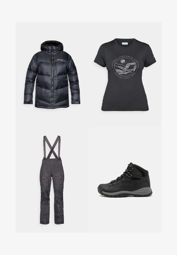 Black insulated puffer jacket with a hood, featuring a zip front, lightweight material, and quilted design with horizontal sections.; Black Columbia t-shirt with white circular mountain and river line art and text "Columbia Sportswear Company Outside Since 1938."; Black waterproof ski pants with adjustable suspenders, reinforced knees, multiple pockets, and contrasting gray straps. Durable fabric texture.; Black hiking boot with a mid-top design, featuring a textured upper, gray accents, and durable rubber sole with traction lugs.