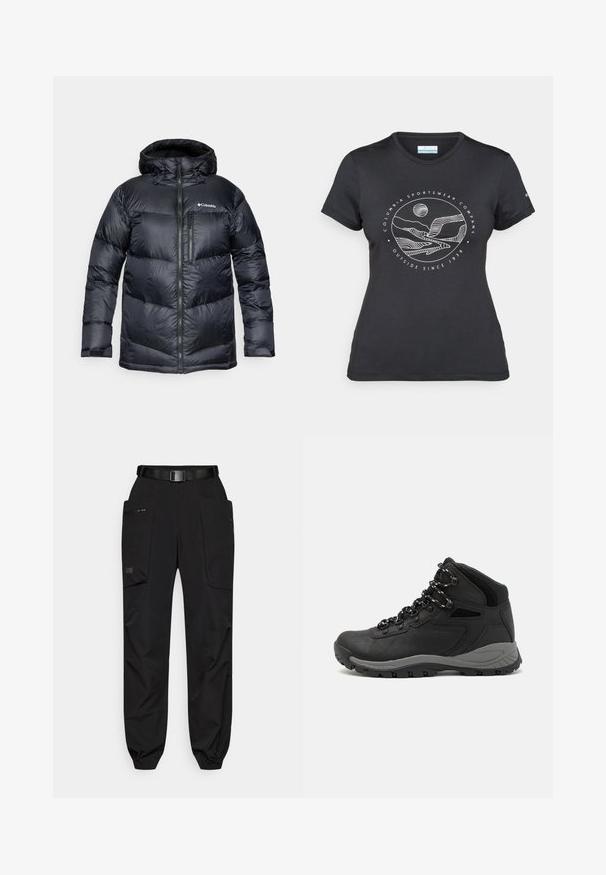 Melnā izolētā pūkaina jaka ar kapuci, ar rāvējslēdzēju priekšā, viegla materiāla, ar kviltētā dizaina horizontālām sekcijām.; Melnā Columbia T-kreklā ar baltu apļa kalnu un upes kontūru mākslu, kā arī tekstu "Columbia Sportswear Company Outside Since 1938."; Melni cargo bikses ar elastīgiem kustību galiem, vairākiem kabatām, jostu un gludu, nedaudz teksturētu audumu. Iekļautas ar rāvējslēdzēja sānu kabatu.; Melni pārgājienu zābaki ar vidēju augstumu, ar teksturētu augšdaļu, pelēkiem akcentiem un izturīgu gumijas zoli ar saķeres izvirzījumiem.