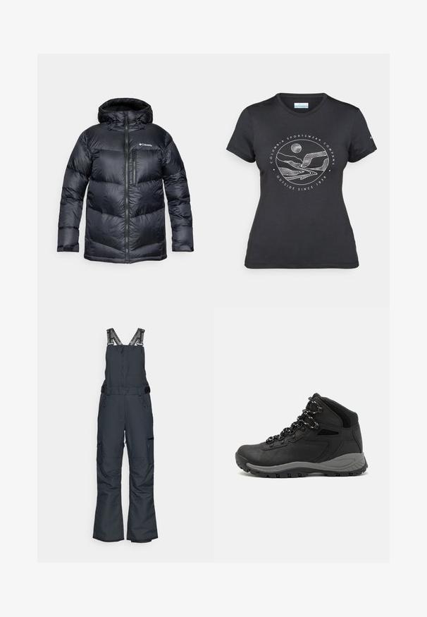Black insulated puffer jacket with a hood, featuring a zip front, lightweight material, and quilted design with horizontal sections.; Black Columbia t-shirt with white circular mountain and river line art and text "Columbia Sportswear Company Outside Since 1938."; Dark gray insulated overall with adjustable straps, zip front, multiple pockets, and flared leg design for enhanced movement.; Black hiking boot with a mid-top design, featuring a textured upper, gray accents, and durable rubber sole with traction lugs.