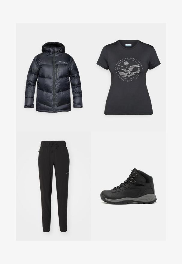 Melnā izolētā pūkaina jaka ar kapuci, ar rāvējslēdzēju priekšā, viegla materiāla, ar kviltētā dizaina horizontālām sekcijām.; Melnā Columbia T-kreklā ar baltu apļa kalnu un upes kontūru mākslu, kā arī tekstu "Columbia Sportswear Company Outside Since 1938."; Melni sporta bikses ar elastīgu jostasvītru, regulējamu auklu un ar rāvējslēdzējiem sānu kabatām. Mīksts, viegls audums ar sašaurinātām kājām.; Melni pārgājienu zābaki ar vidēju augstumu, ar teksturētu augšdaļu, pelēkiem akcentiem un izturīgu gumijas zoli ar saķeres izvirzījumiem.