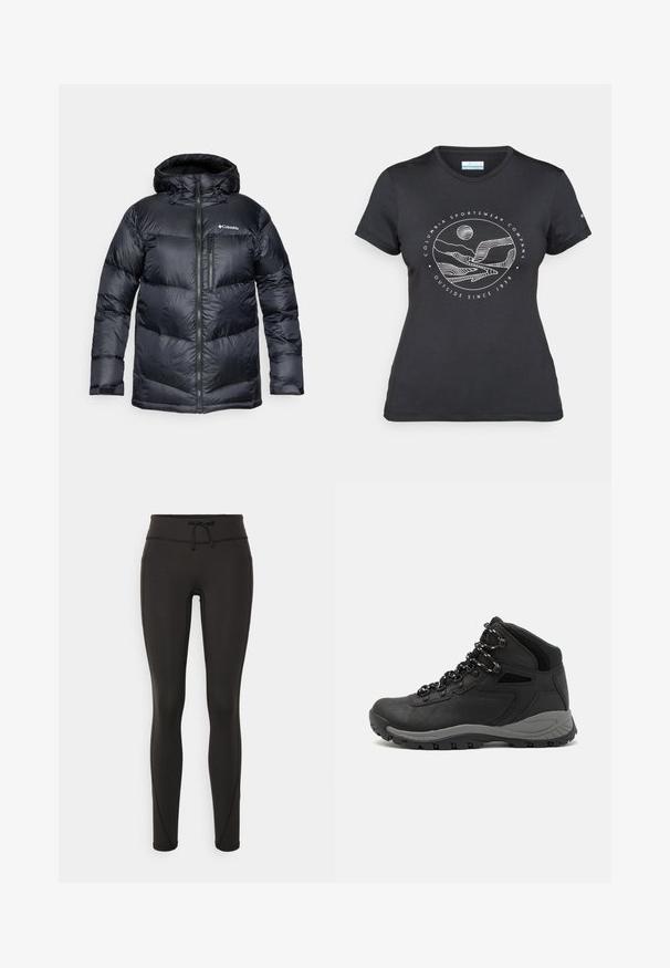 Black insulated puffer jacket with a hood, featuring a zip front, lightweight material, and quilted design with horizontal sections.; Black Columbia t-shirt with white circular mountain and river line art and text "Columbia Sportswear Company Outside Since 1938."; Black leggings with a high waistband, drawstring, smooth texture, and fitted design. Features stitching details along the sides.; Black hiking boot with a mid-top design, featuring a textured upper, gray accents, and durable rubber sole with traction lugs.