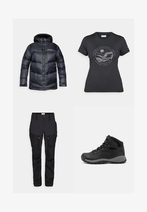 Mustapintainen eristyspufferitakki hupulla, jossa on vetoketjukiinnitys, kevyestä materiaalista valmistettu ja vaakasuorilla osioilla varustettu tikattu muotoilu.; Musta Columbia T-paita, jossa on valkoinen ympyrämuotoinen vuori- ja joki-viivataide sekä teksti "Columbia Sportswear Company Ulkona vuodesta 1938."; Mustat ulkoiluhousut kestävästä materiaalista, joissa on cargo-taskut, säädettävä vyötärö ja nappikiinnitys, suunniteltu toiminnallisuutta ja mukavuutta silmällä pitäen.; Musta vaelluskenkä, jossa on puolivartinen muotoilu, jolle on ominaista teksturoitu päällinen, harmaat yksityiskohdat ja kestävä kumipohja, jossa on pitoita lisääviä lukuja.