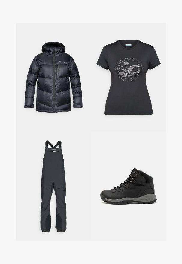 Zwarte geïsoleerde donsjas met capuchon, met een ritssluiting aan de voorkant, van lichtgewicht materiaal en een gestikt ontwerp met horizontale secties.; Zwarte Columbia t-shirt met witte cirkelvormige lijntekening van bergen en een rivier en de tekst "Columbia Sportswear Company Outside Since 1938."; Zwarte geïsoleerde bretels gemaakt van waterdicht materiaal, met verstelbare banden, een voorzak met rits en versterkte knieën.; Zwarte wandelschoen met een mid-top ontwerp, voorzien van een gestructureerde bovenkant, grijze accenten en een duurzame rubberen zool met gripnoppen.