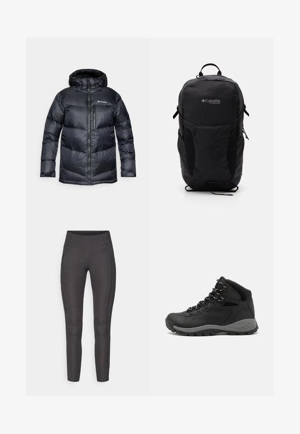 Juodas izoliuotas pūkinis džemperis su kapišonu, su užtrauktuku priekyje, lengvos medžiagos, siuvinėtas dizainas su horizontaliais skyrių.; Juodas "Columbia" marškinėliai su balta apskrita kalnų ir upės linijų grafika bei tekstu "Columbia Sportswear Company Lauke nuo 1938 metų."; Aukštos juosmens tamprės tamsiai pilkos spalvos, pagamintos iš tekstūruotos medžiagos. Turi prigludusį dizainą ir šonines kišenes saugojimui.; Juodas žygio botas su vidutinio aukščio dizainu, pasižymintis tekstūruota viršutine dalimi, pilkų akcentų ir patvaria guma padanga su sukibimo gumbais.; Juodas Columbia Titanium kuprinė su lygaus audinio tekstūra, šoninėmis kišenėmis, viršutine rankena ir reguliuojamomis petnešomis. Minimalistinis dizainas su subtiliu logotipu.