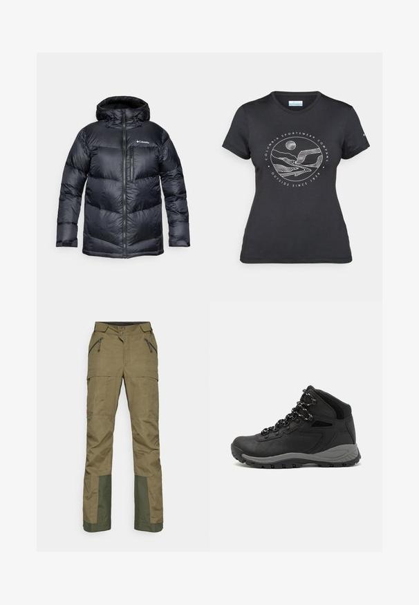 Mustad musta isoleeritud puffjakki kapuutsiga, millel on ees lukuga kinnitamine, kerge materjal ja tikitud disain horisontaalsete sektsioonidega.; Musternine Columbia T-särk mustas värvuses, millel on valge ümmargune mägi ja jõe joonistus ning tekst "Columbia Sportswear Company Outside Since 1938."; Õlivärvi välispüksid, millel on lukuga taskud, nööbiga kinnitus ja allosas tumedamat roheline kangast tugevduse jaoks.; Mustarjaline matkasaabas, millel on keskmine disain, tekstuuriga ülemine osa, hallid aktsendid ja vastupidav kummist põhi, millel on haardelugesid.