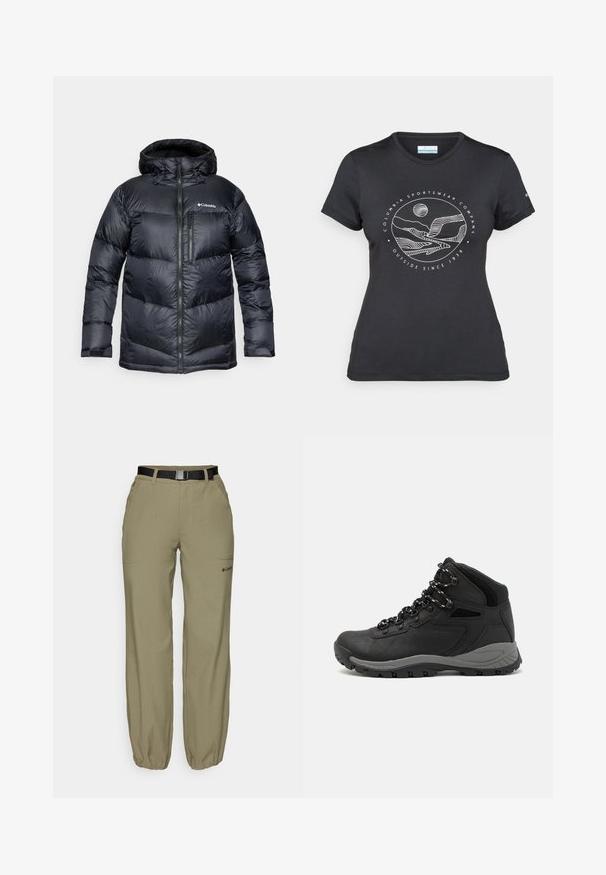 Fekete, kapucnis, szigetelt puffermellény, elülső cipzárral, könnyű anyagból készült, steppelt dizájnnal, vízszintes szakaszokkal.; Fekete Columbia póló fehér, kör alakú hegy és folyó vonalrajzzal, valamint a "Columbia Sportswear Company Outside Since 1938" felirattal.; Beige színű, elasztikus mandzsettával készült kültéri nadrág, elülső zsebekkel és fekete övvel. Finom logó található az alsó zsebnél.; Fekete túracipő közepes magasságú kialakítással, texturált felsőrésszel, szürke részletekkel és strapabíró gumitalppal, amelynek tapadós kiemelkedései vannak.