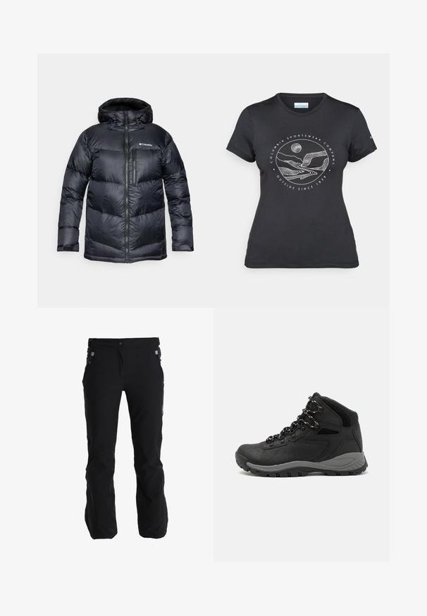 Černá zateplená bunda s kapucí, s předním zipem, vyrobená z lehkého materiálu a s prošívaným designem s horizontálními sekcemi.; Černé tričko Columbia s bílým kruhovým uměleckým ztvárněním hor a řeky a textem "Columbia Sportswear Company Outside Since 1938."; Černé voděodolné kalhoty s nastavitelným pasem, se zipovými kapsami a uvolněným střihem. Vyrobené z odolné, lehké tkaniny s hladkou texturou.; Černé turistické boty s mírně vyšším střihem, které mají texturovaný svršek, šedé detaily a odolnou gumovou podrážku s trakčními výstupky.