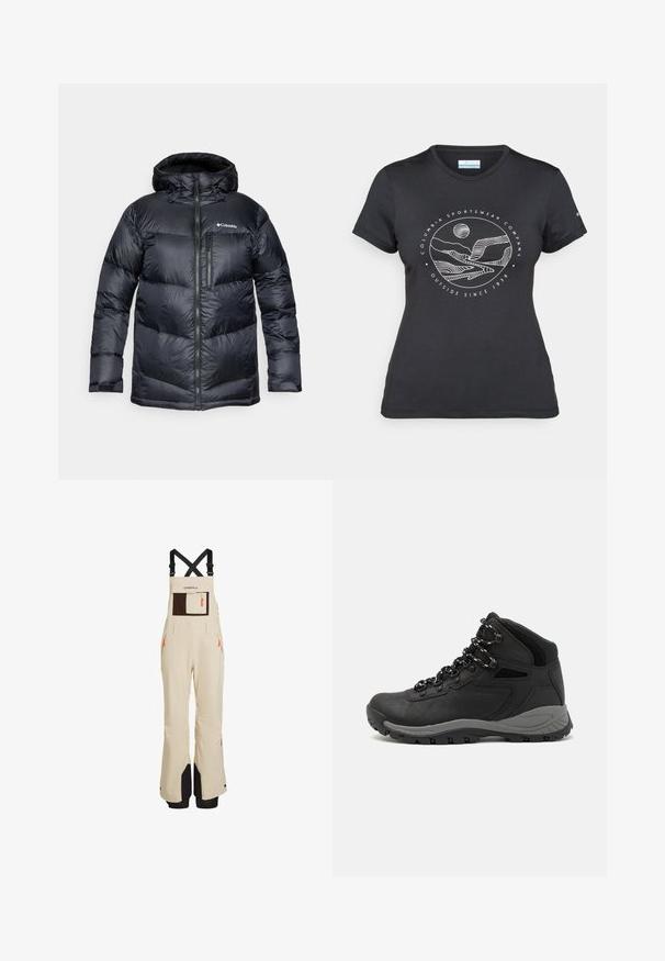 Schwarz isolierte Steppjacke mit Kapuze, verfügt über einen Reißverschluss vorne, leichtes Material und ein gestepptes Design mit horizontalen Abschnitten.; Schwarzes Columbia-T-Shirt mit weißer kreisförmiger Berg- und Fluss-Linienkunst und dem Text "Columbia Sportswear Company - Draußen seit 1938."; Beige Schneehose mit verstellbaren schwarzen Trägern, ausgestattet mit einer großen braunen Brusttasche, seitlichen Reißverschlusstaschen und schwarzen Akzenten im unteren Bereich.; Schwarzer Wanderstiefel mit einem mittelhohen Design, ausgestattet mit einer strukturierten Oberfläche, grauen Akzenten und einer robusten Gummisohle mit Profilstollen.