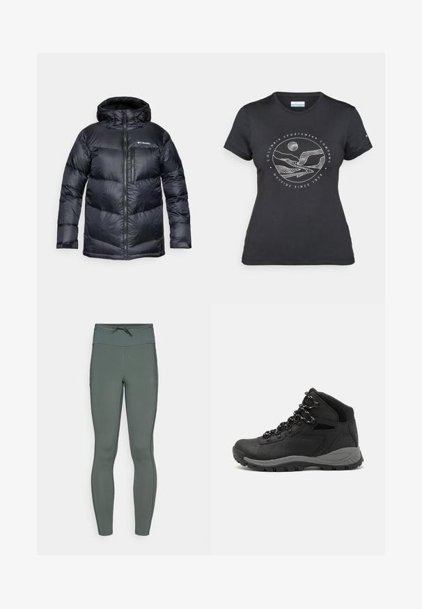 Fekete, kapucnis, szigetelt puffermellény, elülső cipzárral, könnyű anyagból készült, steppelt dizájnnal, vízszintes szakaszokkal.; Fekete Columbia póló fehér, kör alakú hegy és folyó vonalrajzzal, valamint a "Columbia Sportswear Company Outside Since 1938" felirattal.; Magas derekú leggings, tompított zöld színben, rugalmas anyagból készült, sima felülettel és lapos varrásokkal; állítható derékzsinórral rendelkezik.; Fekete túracipő közepes magasságú kialakítással, texturált felsőrésszel, szürke részletekkel és strapabíró gumitalppal, amelynek tapadós kiemelkedései vannak.