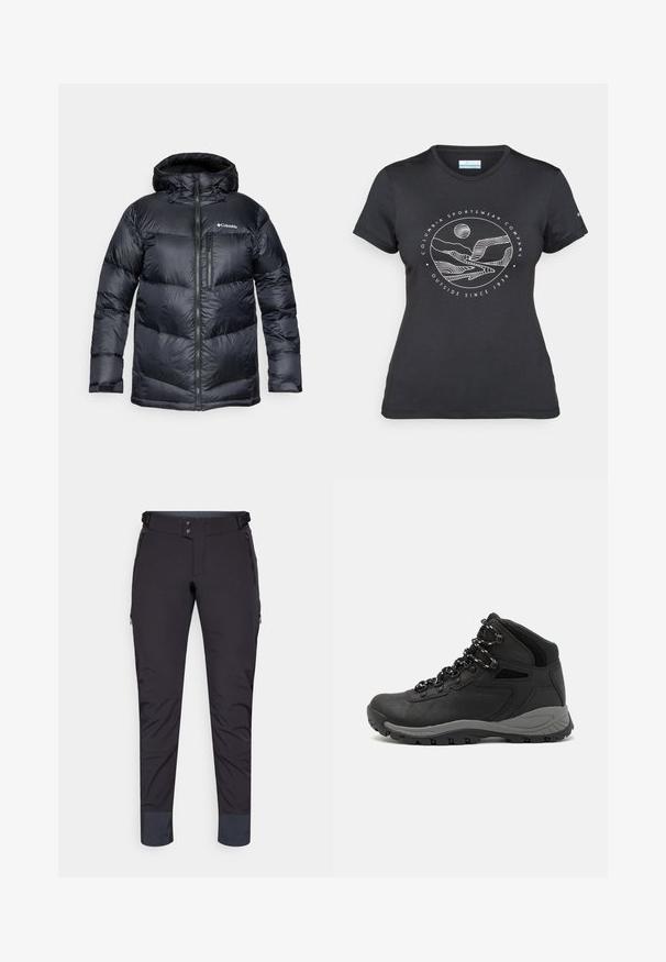 Mustapintainen eristyspufferitakki hupulla, jossa on vetoketjukiinnitys, kevyestä materiaalista valmistettu ja vaakasuorilla osioilla varustettu tikattu muotoilu.; Musta Columbia T-paita, jossa on valkoinen ympyrämuotoinen vuori- ja joki-viivataide sekä teksti "Columbia Sportswear Company Ulkona vuodesta 1938."; Mustat tekniset housut, joissa on sileä rakenne, vetoketjulliset taskut ja kapeneva lahje. Ominaisuuksia ovat kaksinkertainen napitus ja vahvistetut hihat.; Musta vaelluskenkä, jossa on puolivartinen muotoilu, jolle on ominaista teksturoitu päällinen, harmaat yksityiskohdat ja kestävä kumipohja, jossa on pitoita lisääviä lukuja.